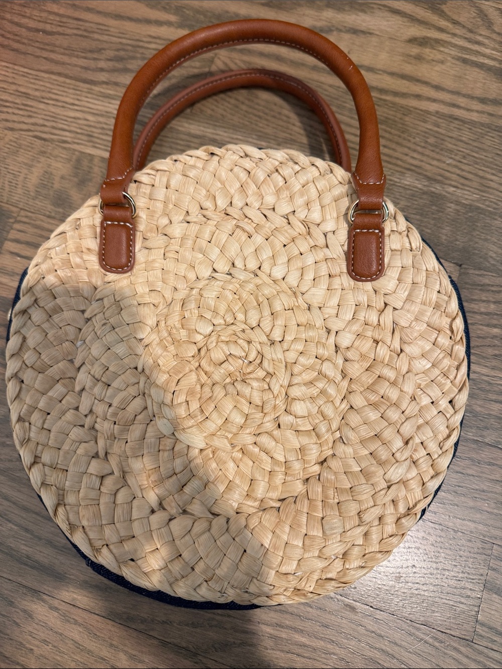 Woven Round Straw Tote with Brown Leather Handles
